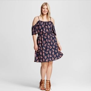 Cold Shoulder Blue & Pink Floral Print Dress - 1X